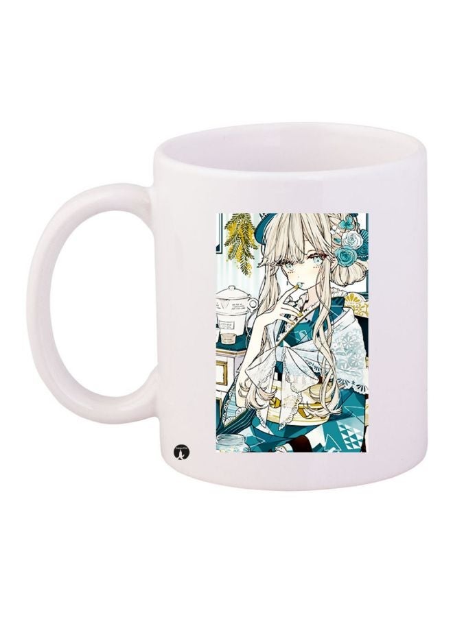 Cartoon Printed Coffee Mug White/Blue/Green 11ounce