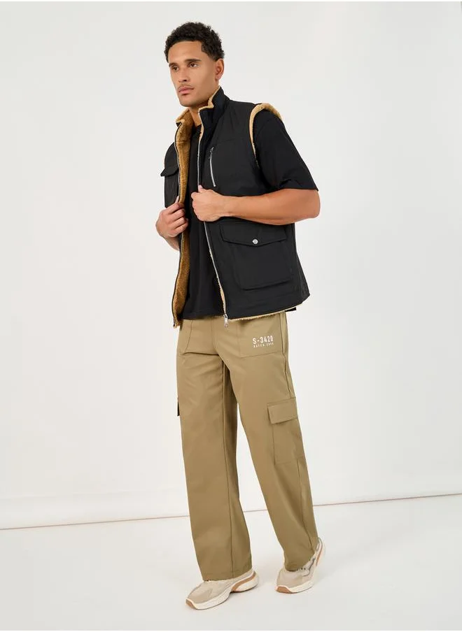 Styli Wide Leg Paneled Cargo Pants with Print Detail