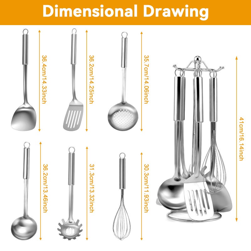Gymdin Stainless Steel Kitchen Cooking Utensils Set of 7 - Kitchen Utensils with Hanging Rack, Spatula, Slotted Turner, Soup Ladle, Slotted Spoon, Whisk, Pasta Server, Holder, Dishwasher Safe - Image 2