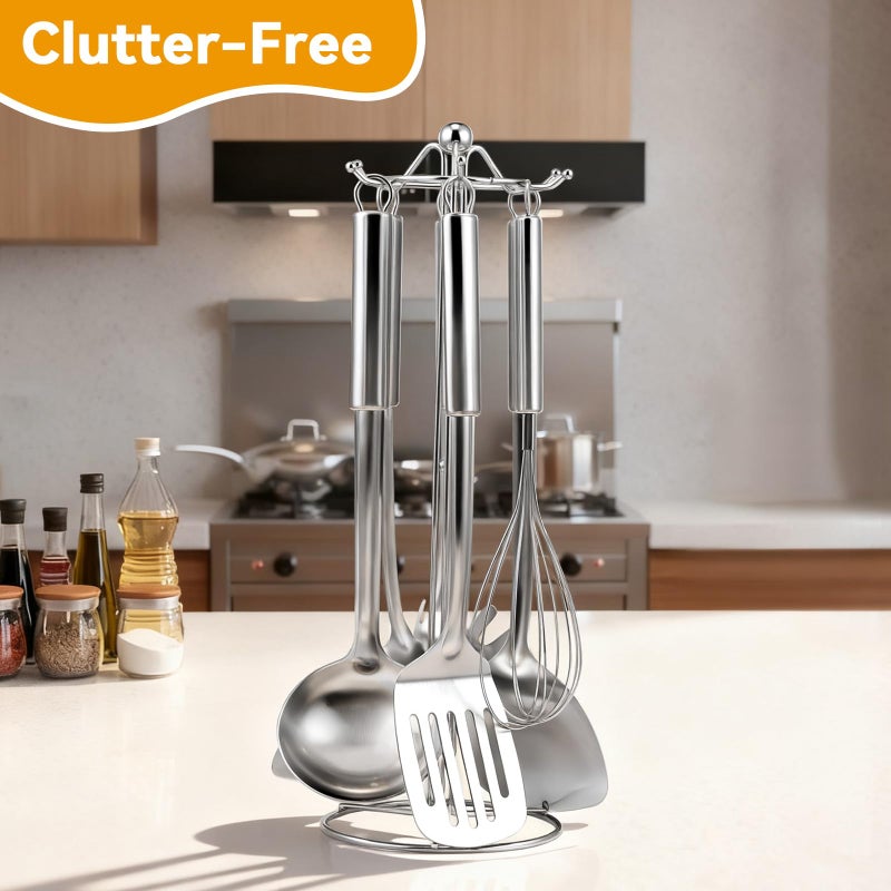 Gymdin Stainless Steel Kitchen Cooking Utensils Set of 7 - Kitchen Utensils with Hanging Rack, Spatula, Slotted Turner, Soup Ladle, Slotted Spoon, Whisk, Pasta Server, Holder, Dishwasher Safe - Image 3