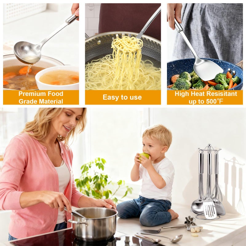 Gymdin Stainless Steel Kitchen Cooking Utensils Set of 7 - Kitchen Utensils with Hanging Rack, Spatula, Slotted Turner, Soup Ladle, Slotted Spoon, Whisk, Pasta Server, Holder, Dishwasher Safe - Image 5