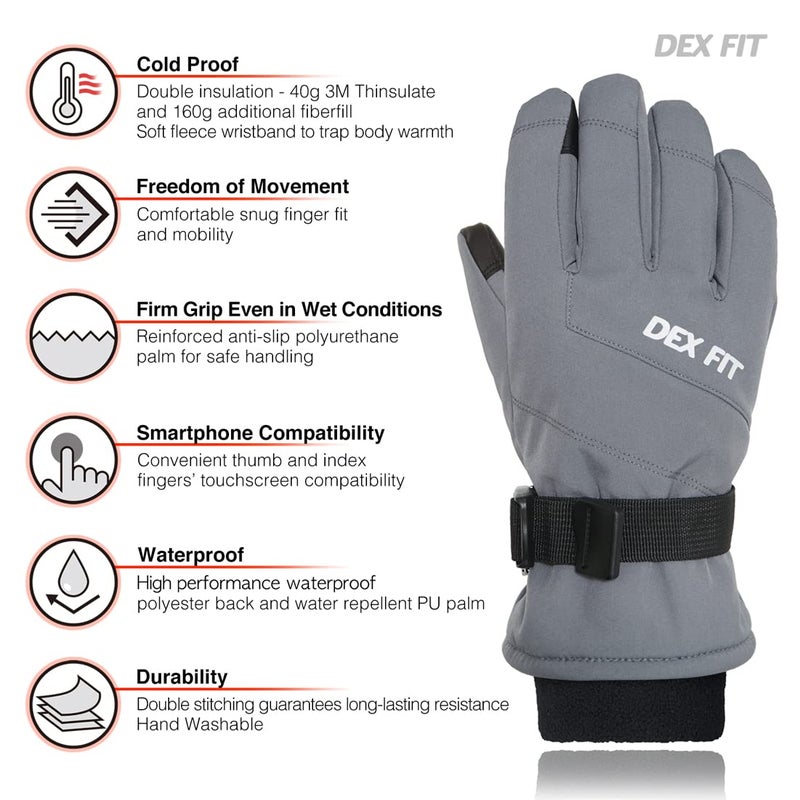DEX FIT Coldproof Warm Winter Gloves WG201, Waterproof, Double Thermal Protection for Cold Weather & Outdoor Work, PU Leather Firm Grip, Touchscreen Compatible, Washable; Grey 9 (L) 1 Pair - Image 2