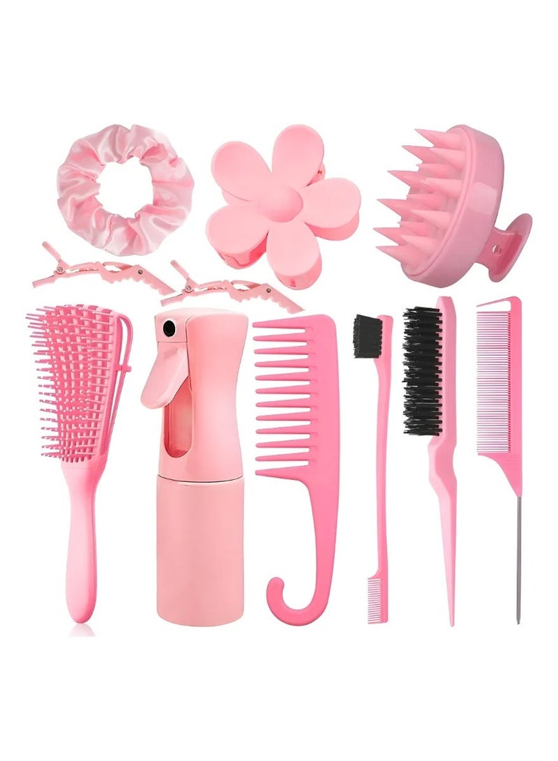 Hair Brush Set, 11 pcs Detangler Brush with Hair Spray Bottle, Scalp Massager for Wet Dry Curly Hair, Bristle Hair Brush Hair Comb for Women Girl - Image 1