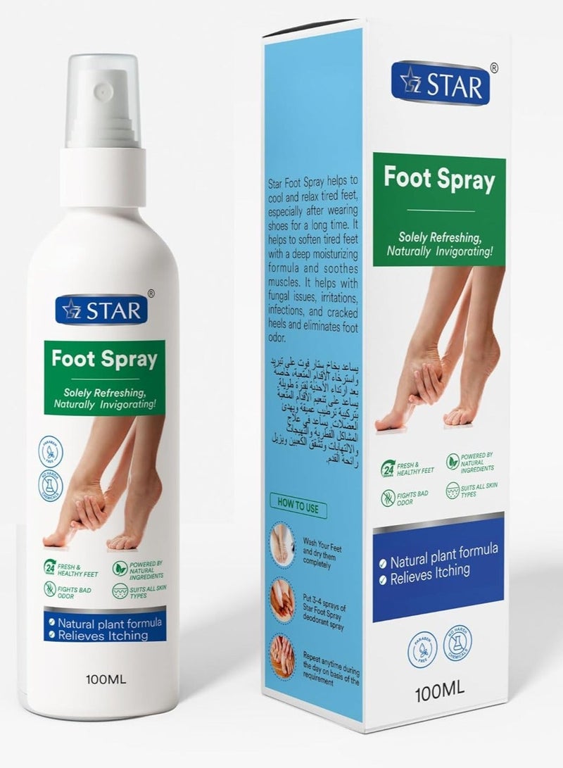 Star Foot Spray for Smelly and Sweaty Feet, Antifungal & Deodorant Formula Enriched with Natural Plant Extracts & Essential Oils for Fresh & Comfortable Feet, 100ml - Image 1