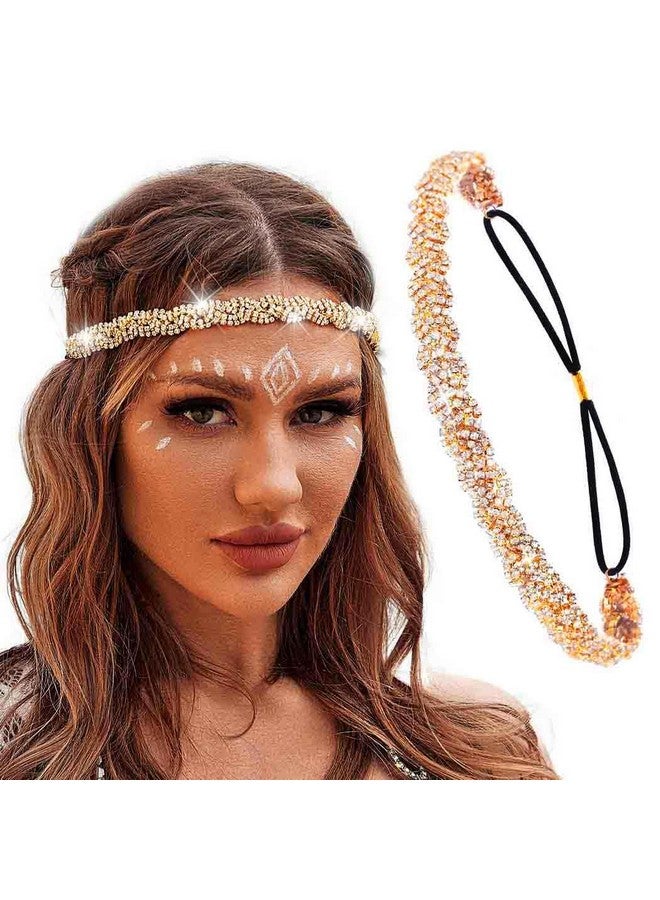 Fstrend Elastic Crystal Hairbands Rhinestone Headband Multicolors Boho Sparkle Head Chain Headpieces for Women (Gold) - Image 1