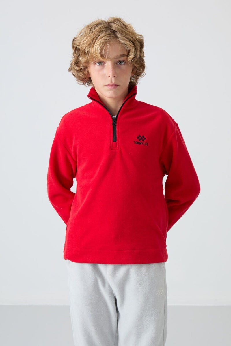 Tommy Life Red Thick Soft Texture Standard Fit Embroidered Polar Fleece Boy's Sweatshirt - 11221  - Image 1