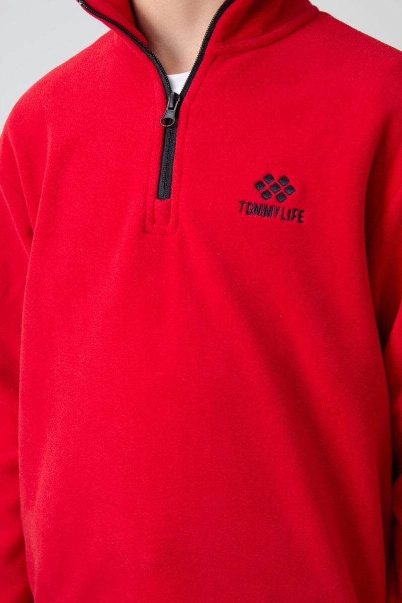 Tommy Life Red Thick Soft Texture Standard Fit Embroidered Polar Fleece Boy's Sweatshirt - 11221  - Image 3