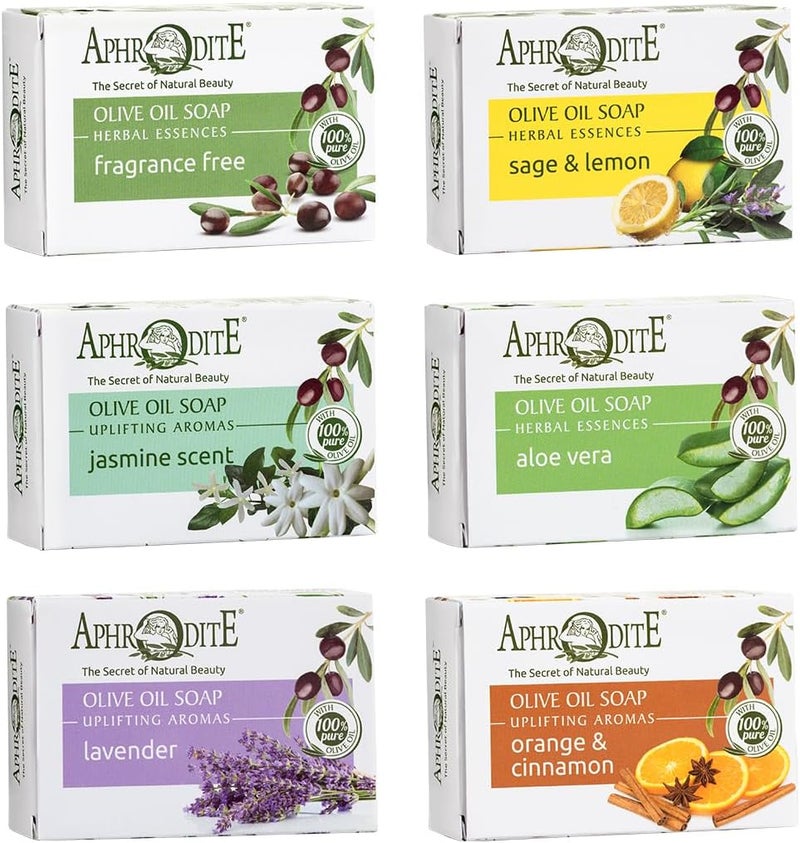 Aphrodite Olive Oil Soap Set 6Pack Natural Soaps with 100 Greek Olive Oil FragranceFree Sage Lemon Jasmine Aloe Vera Lavender Orange Cinnamon Hand Body Soap