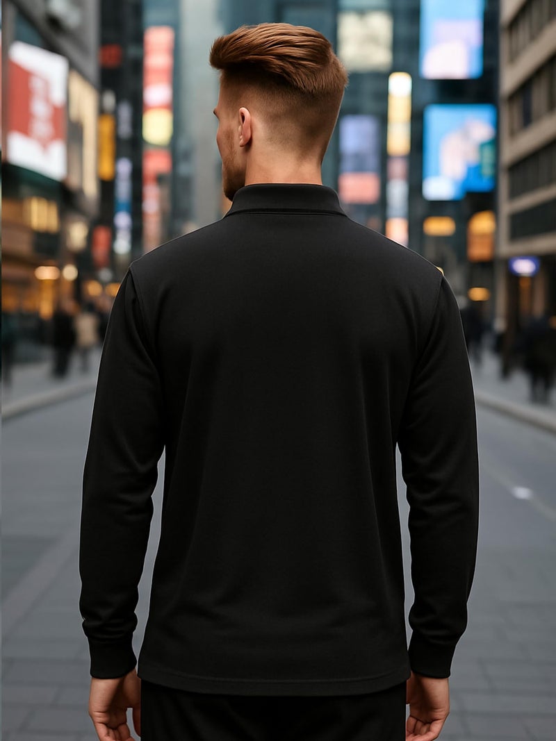 Jump Cuts Mens Printed Polo Neck Half Zipper Full Sleeve Black & Beige Cotton Blend Polo T-Shirt - Image 3