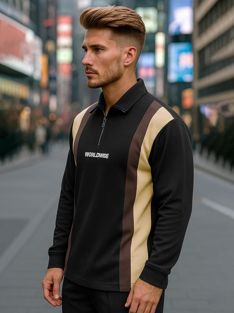 Jump Cuts Mens Printed Polo Neck Half Zipper Full Sleeve Black & Beige Cotton Blend Polo T-Shirt - Image 2