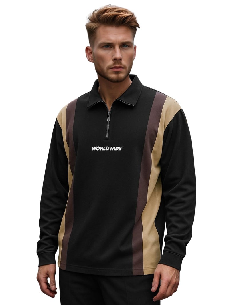 Jump Cuts Mens Printed Polo Neck Half Zipper Full Sleeve Black & Beige Cotton Blend Polo T-Shirt - Image 5