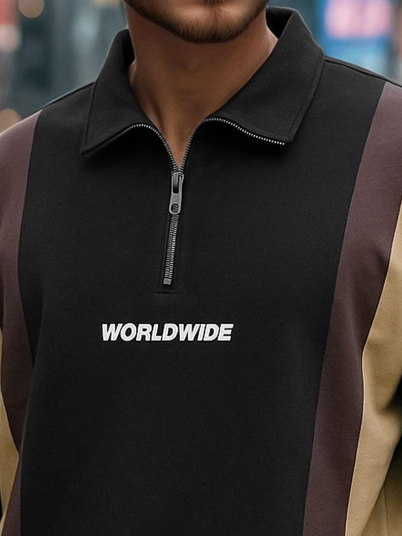 Jump Cuts Mens Printed Polo Neck Half Zipper Full Sleeve Black & Beige Cotton Blend Polo T-Shirt - Image 4