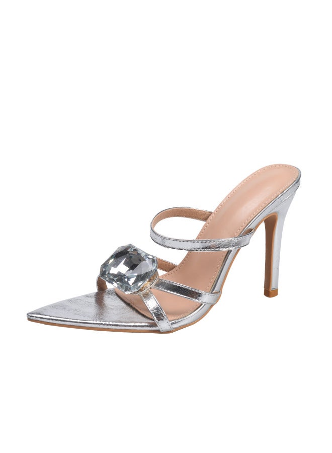 25 Fashionable And Sweet New Women's Pointed-toe High-heeled Sandals, Versatile And Elegant, Silver With Diamonds, Not Tiring, Stiletto Women's Shoes