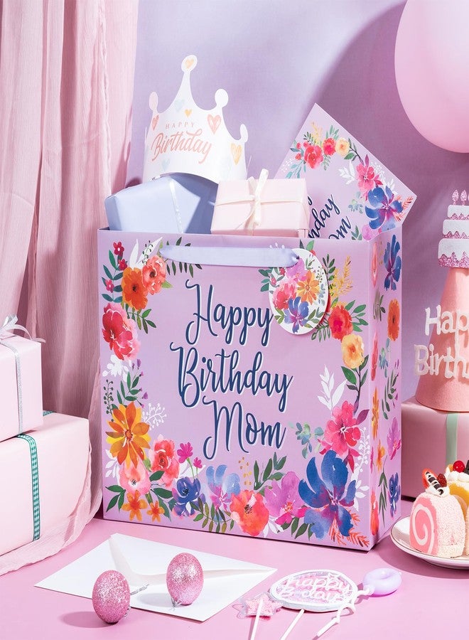 WRAPAHOLIC 13" Large Mom Birthday Gift Bag with Card and Tissue Paper - Elegant Floral with Happy Birthday Mom Design - Image 5