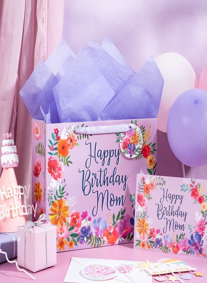 WRAPAHOLIC 13" Large Mom Birthday Gift Bag with Card and Tissue Paper - Elegant Floral with Happy Birthday Mom Design - Image 4