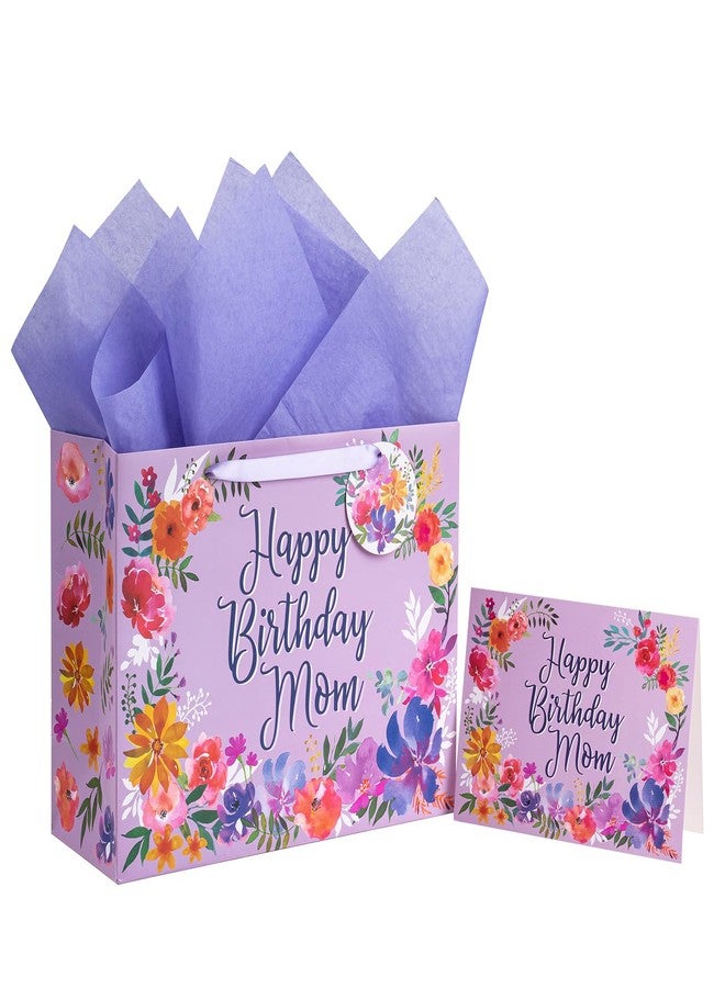 WRAPAHOLIC 13" Large Mom Birthday Gift Bag with Card and Tissue Paper - Elegant Floral with Happy Birthday Mom Design - Image 1