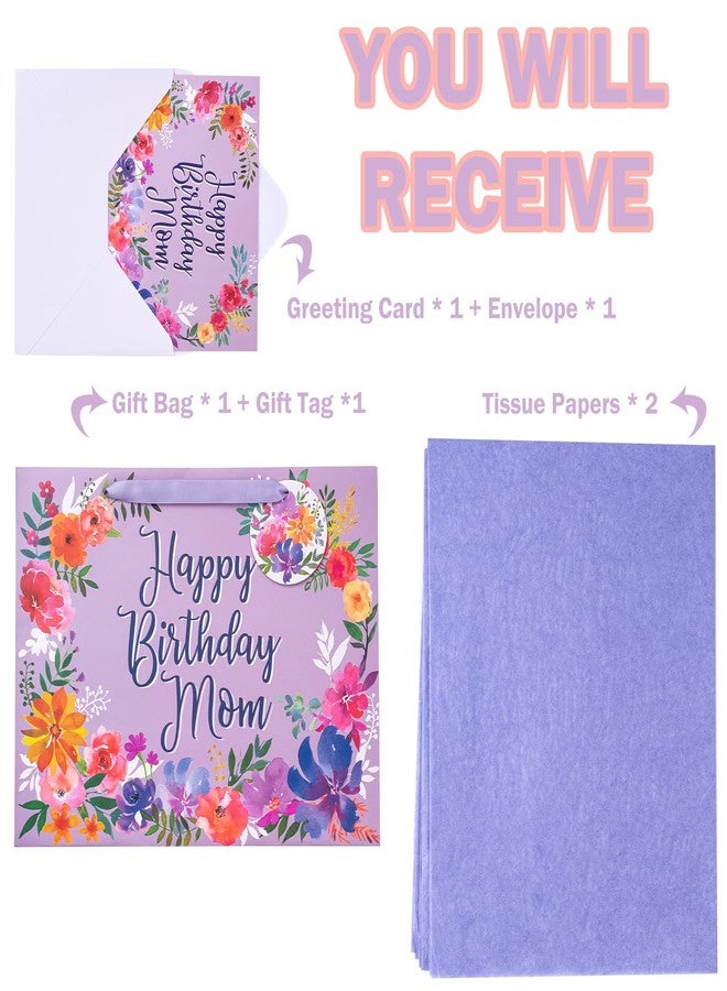WRAPAHOLIC 13" Large Mom Birthday Gift Bag with Card and Tissue Paper - Elegant Floral with Happy Birthday Mom Design - Image 3