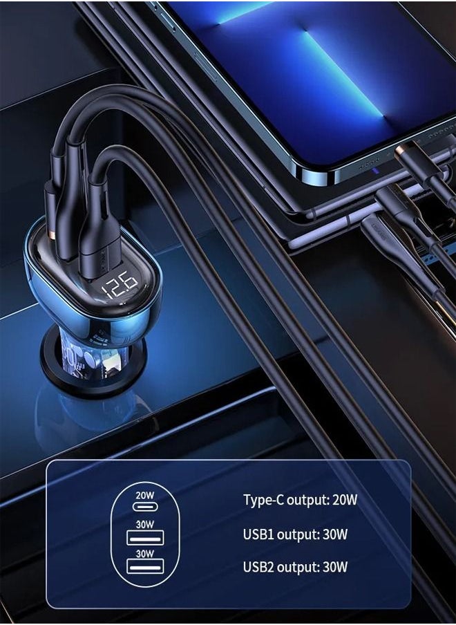 Transparent Car Charger 80W 3 Port USB Type-c Car Charger Portable Mobile Phone Travel Fast Car Charger Blue