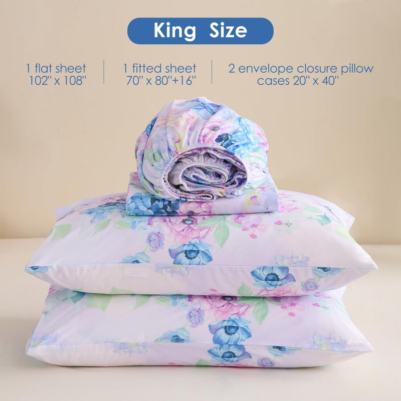 جي اس دي JSD Purple Cynangea Floral Sheet Set King Size 4 قطعة صفائح سرير ميكروفيات مطبوعة - Image 2