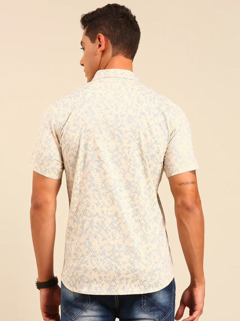 Joven Beige Printed Cotton Shirt for Men