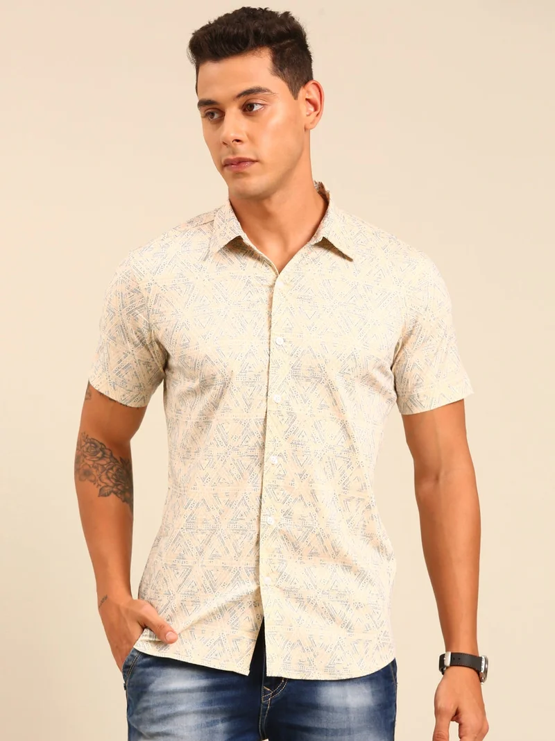 Joven Beige Printed Cotton Shirt for Men