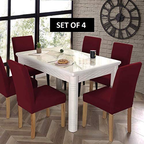 BRIDA Stretchable Elastic Floral Printed Dining Chair Protector, Slipcover Set of 4 (Plain Maroon, Standard, Polyester & Spandex) - Image 2