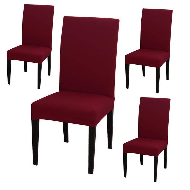 BRIDA Stretchable Elastic Floral Printed Dining Chair Protector, Slipcover Set of 4 (Plain Maroon, Standard, Polyester & Spandex) - Image 1