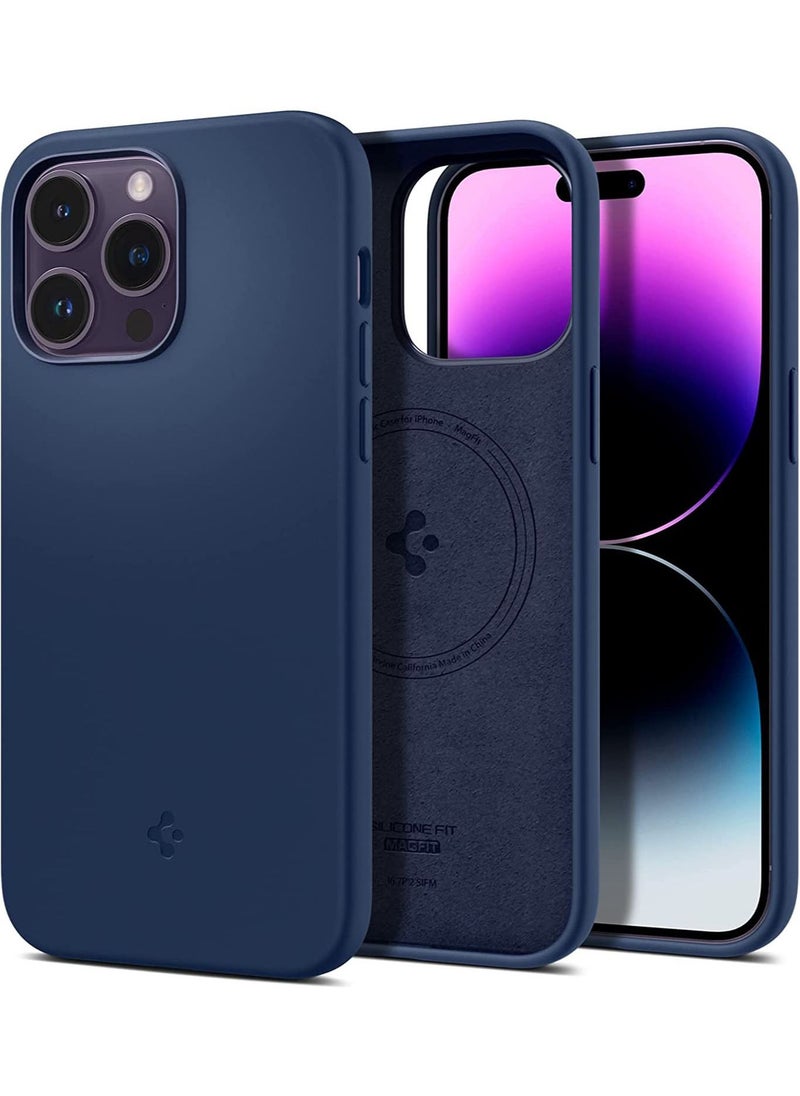Spigen Silicone Fit MagFit iPhone 14 Pro Case Cover with MagSafe - Navy Blue 