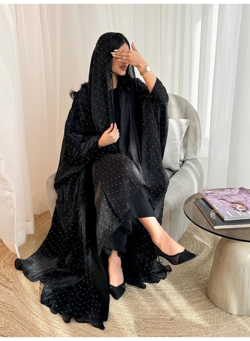 ChicPoint Women Polka Dot Abaya, Shiny Satin Loose Batwing Sleeve Open Kimono Style Long Kaftan, Modest Muslim Dress for Ramadan, Eid, Wedding Parties, Formal Occasions, Dubai Fashion Islamic Outfit - Image 1