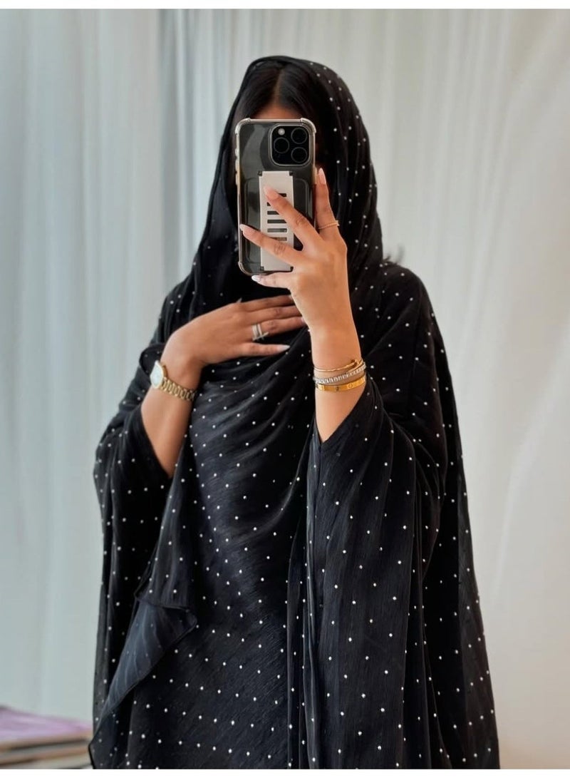 ChicPoint Women Polka Dot Abaya, Shiny Satin Loose Batwing Sleeve Open Kimono Style Long Kaftan, Modest Muslim Dress for Ramadan, Eid, Wedding Parties, Formal Occasions, Dubai Fashion Islamic Outfit - Image 3