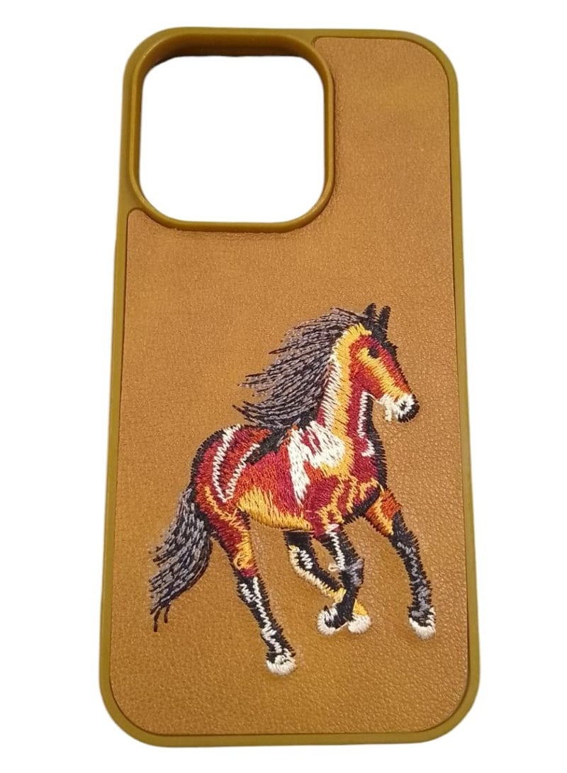 كيس جراب هاتف مضاد للصدمات بتصميم تطريز حصان لهاتف آيفون 15 برو ماكس باللون بني