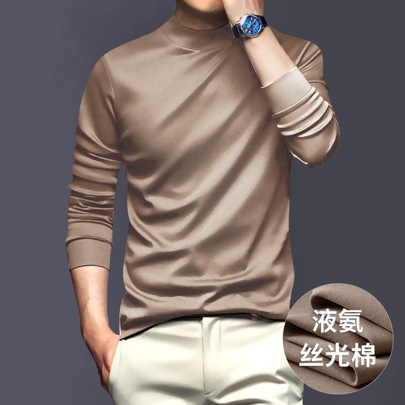 High-End Liquid Ammonia Anti-Static Mercerized Cotton Men'S Long-Sleeved T-Shirt For , Solid Color Half-High Collar Comfortable Base Layer Top - Image 2