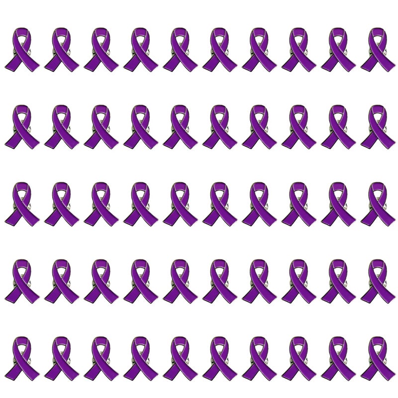 Purple Ribbon Pins 50Pcs Enamel Lapel Pin Purple Awareness Brooch for Alzheimers Epilepsy Pancreatic Cancer Domestic Violence