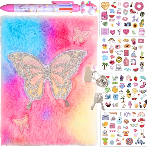 EABUY Diary for Girls with Lock and Keys, Journal School Travel Notebook Gift Set for Writing and Drawing,Multicolored Pen, Stickers, Birthday Gift for Girls (pink-butterfly) - Image 1