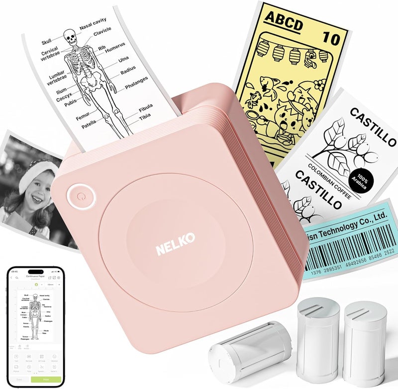 Nelko Sticker Printer, PM230 Print Pod Mini Printer Bluetooth Portabel Sticker Maker with 3 Rolls Paper, Print Pods Mini Printer with Multiple Templates for Phone & Tablet, Pink, 1 Pack - Image 1