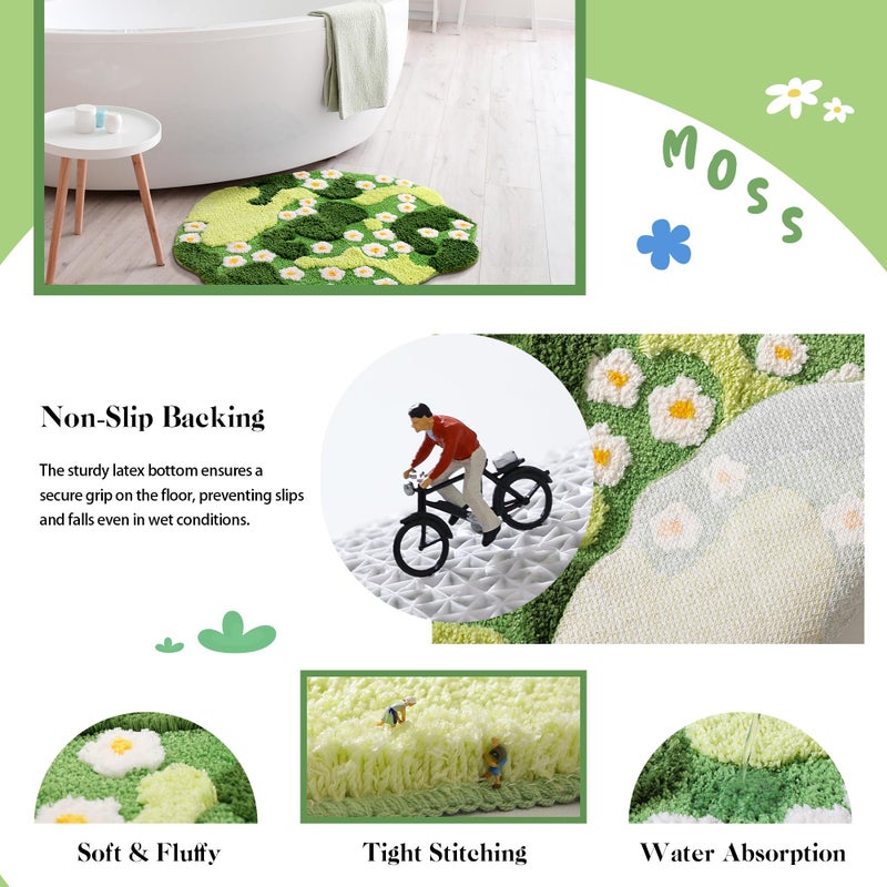 YIKUSH Moss Bath Mat Green Bathroom Rug with Small White Flowers Non Slip Door Mat for Bedroom and Kitchen Soft Washable Rug Floral Nature Bathtub Mat - Image 3