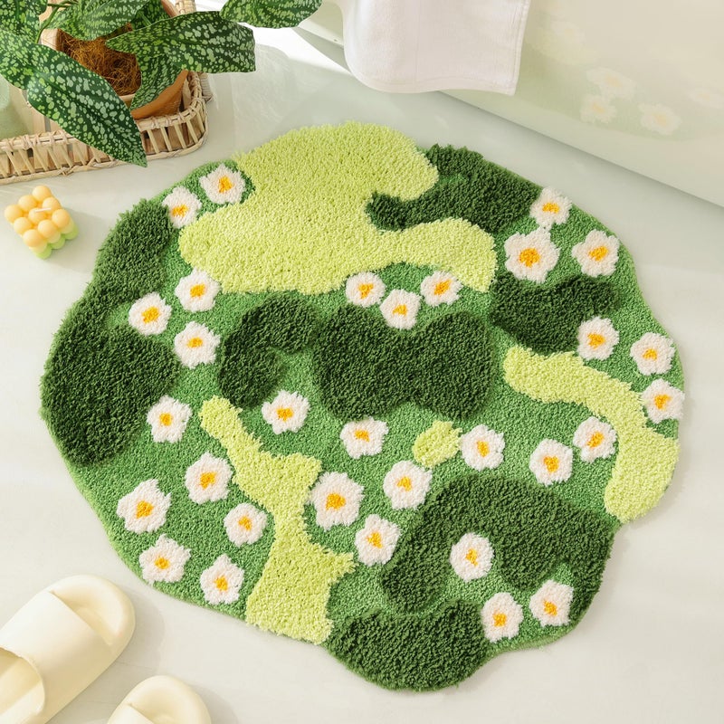 YIKUSH Moss Bath Mat Green Bathroom Rug with Small White Flowers Non Slip Door Mat for Bedroom and Kitchen Soft Washable Rug Floral Nature Bathtub Mat - Image 1