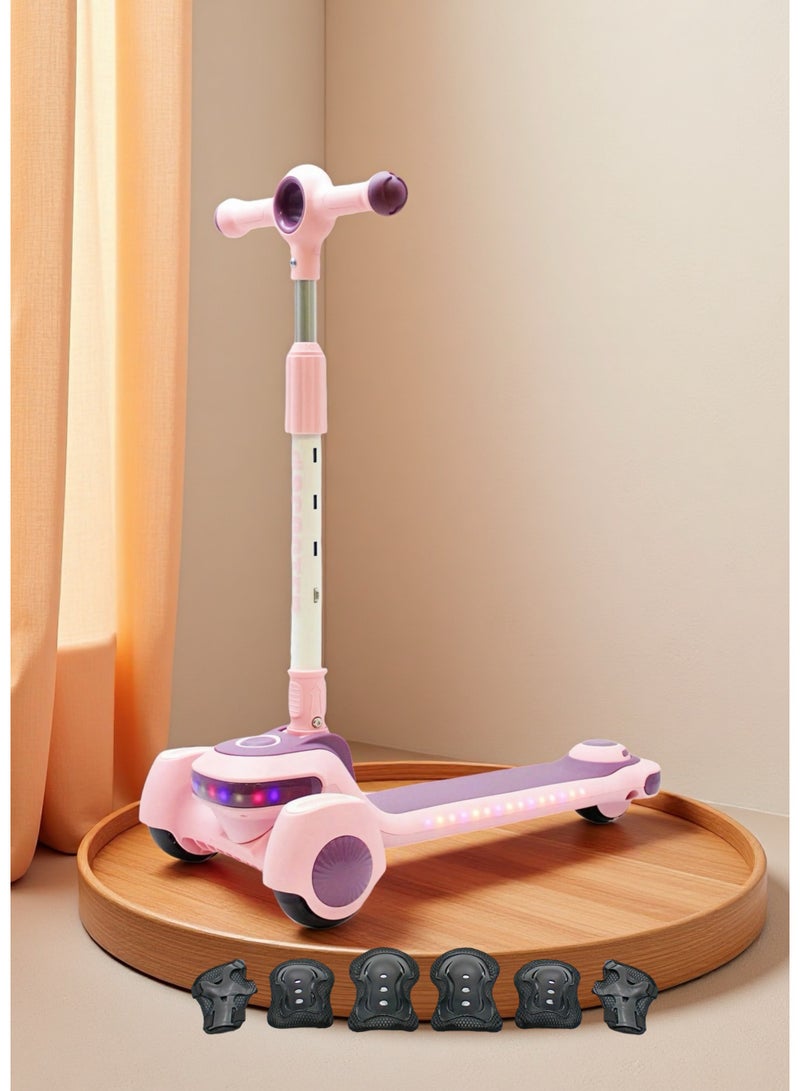إيزي فيتشور سكوتر ركل للأطفال من إيزي فيوتشر: تصميم قابل للطي، مقبض قابل لضبط الارتفاع، عجلات LED، فرامل خلفية وموسيقى للأعمار من 3 إلى 8 سنوات، بما في ذلك مجموعة معدات الحماية - Image 1