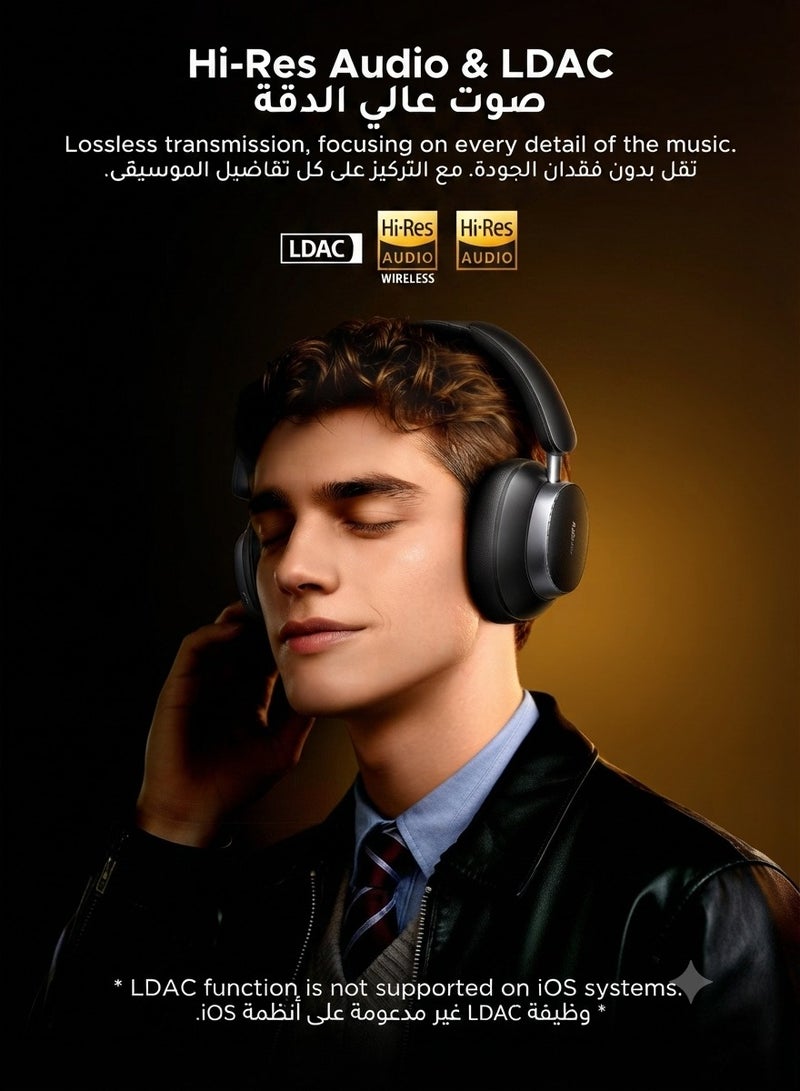 يو جرين سماعات بلوتوث لاسلكية HiTune Max6 بتقنية إلغاء الضوضاء النشط الهجينة (ANC)، صوت لاسلكي عالي الدقة بتقنية LDAC، وقت تشغيل يصل إلى 120 ساعة، سماعة رأس بلوتوث فوق الأذن مع ميكروفون، صوت جهير عميق لأجهزة MacBook وiPhone وGalaxy وFIFA أسود - Image 4