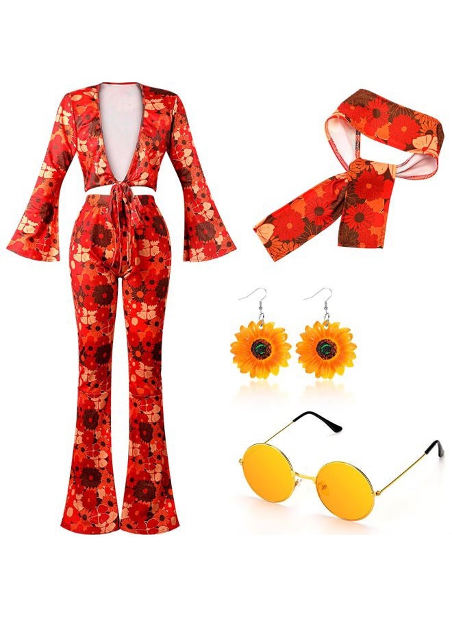 Foaincore 6 Pcs 70s Disco Outfits for Women Hippie Halloween Costume Set Flared Pants Headband Earring Sunglass, Colorful, M - Image 1