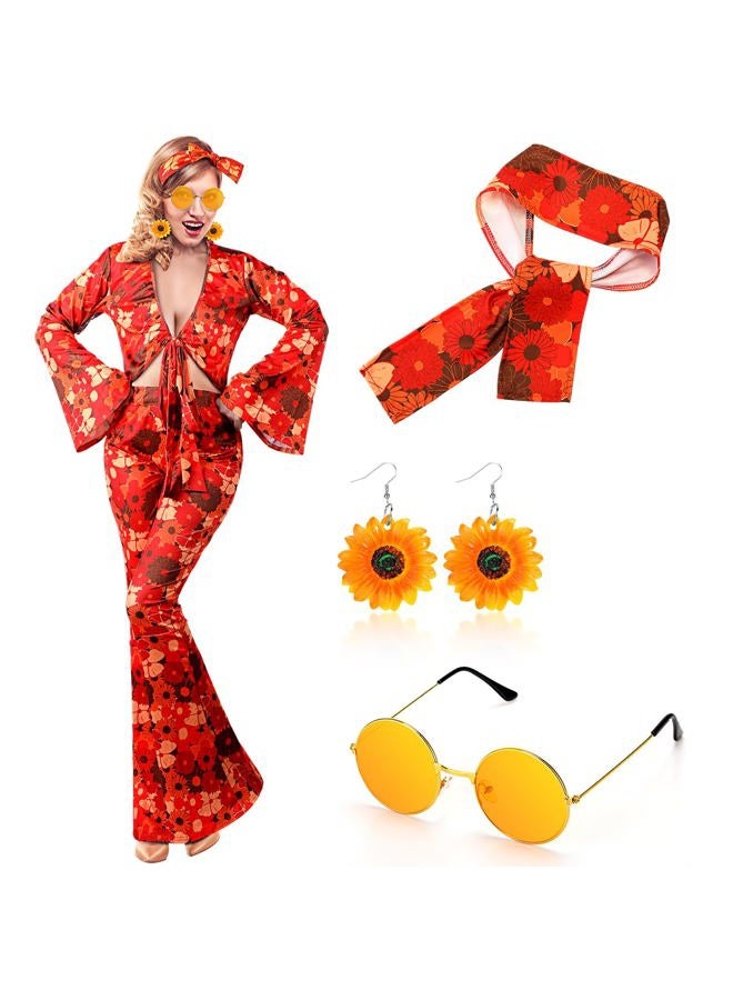Foaincore 6 Pcs 70s Disco Outfits for Women Hippie Halloween Costume Set Flared Pants Headband Earring Sunglass, Colorful, M - Image 2