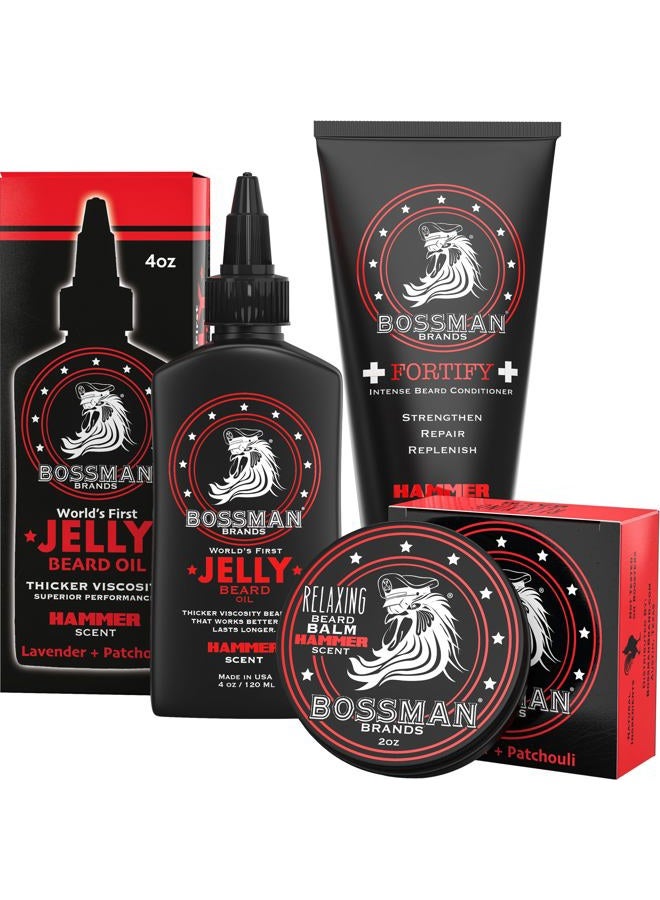 bossman طقم العناية باللحية الأساسي - صنع في الولايات المتحدة - زيت لحية هلامي - بلسم - بلسم لحية - مكونات طبيعية (رائحة المطرقة) - Image 1