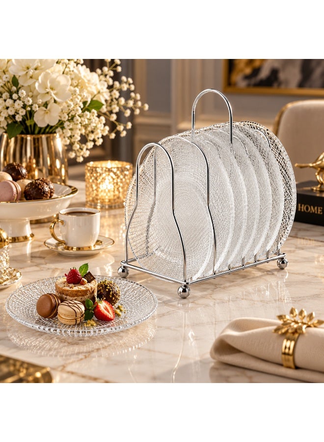 دانيا طقم صحون تقديم زجاجية فاخرة 6 قطع مع حامل معدني أنيق – مقاس 15 سم ✨🍰 - Image 1