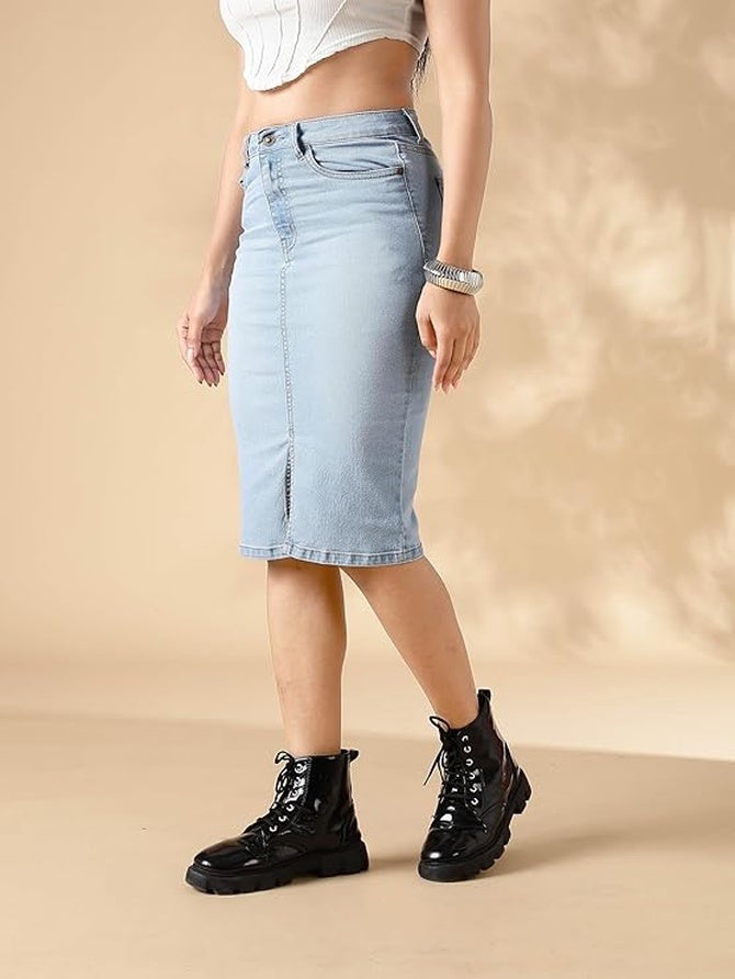 inkd Women's Denim Skirt - Midi Skirt with Front Slit | Long Straight Fit Skirt for Women | Skirt for Woman - Image 4