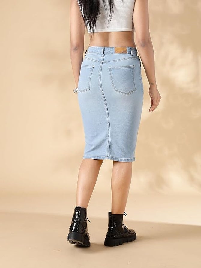 inkd Women's Denim Skirt - Midi Skirt with Front Slit | Long Straight Fit Skirt for Women | Skirt for Woman - Image 3