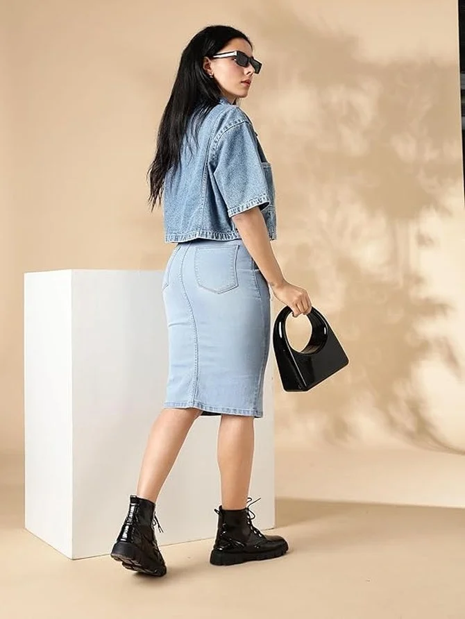 inkd تنورة ميدي بنتن نسائية قابلة للتمدد - تنورة جينز للنساء | التنورة والقميص للنساء | الملابس الغربية