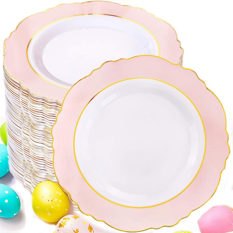 WDF 60pcs Pink Dessert Plates - 7.5inch Baroque Pink and White Disposable Dessert Cute Cake Plates for Upscale Parties &Wedding-Special for Baby Shower, Brithday, Easter - Image 1