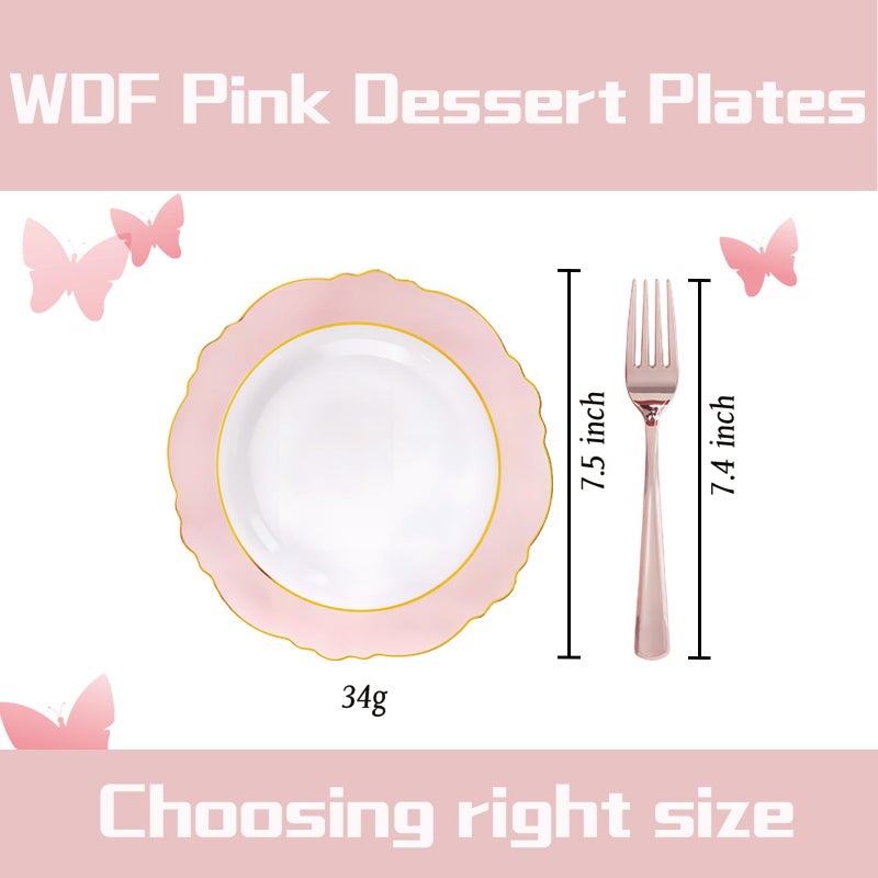WDF 60pcs Pink Dessert Plates - 7.5inch Baroque Pink and White Disposable Dessert Cute Cake Plates for Upscale Parties &Wedding-Special for Baby Shower, Brithday, Easter - Image 5
