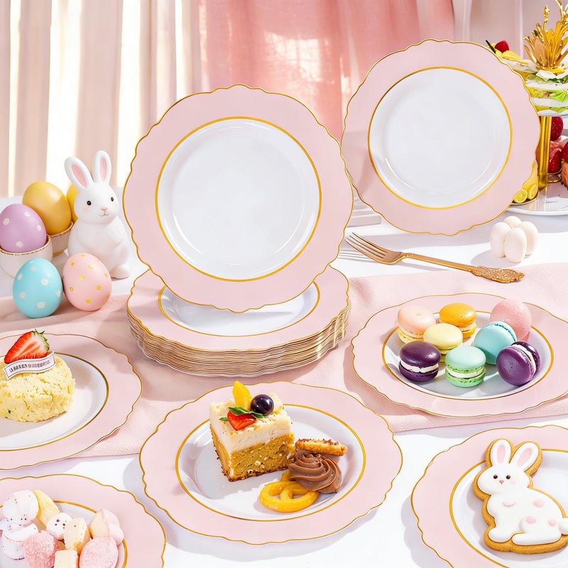 WDF 60pcs Pink Dessert Plates - 7.5inch Baroque Pink and White Disposable Dessert Cute Cake Plates for Upscale Parties &Wedding-Special for Baby Shower, Brithday, Easter - Image 3