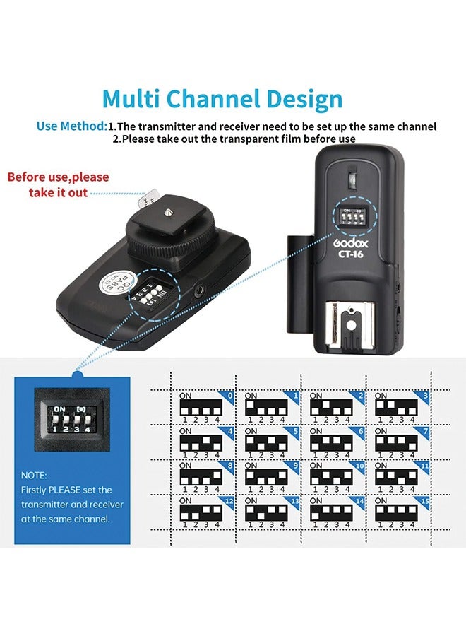 جودوكس مجموعة جهاز استشعار الفلاش اللاسلكي Godox CT-16، متوافق مع كاميرات DSLR من كانون ونيكون وبنتاكس، 3 في 1، جهاز إرسال واستقبال للومضات في الاستوديو - Image 2